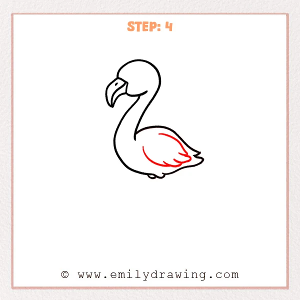 how to draw a cartoon flamingo - Step 4 adds a simple wing line and several feather-tip bumps on the cartoon flamingo’s body for extra detail.